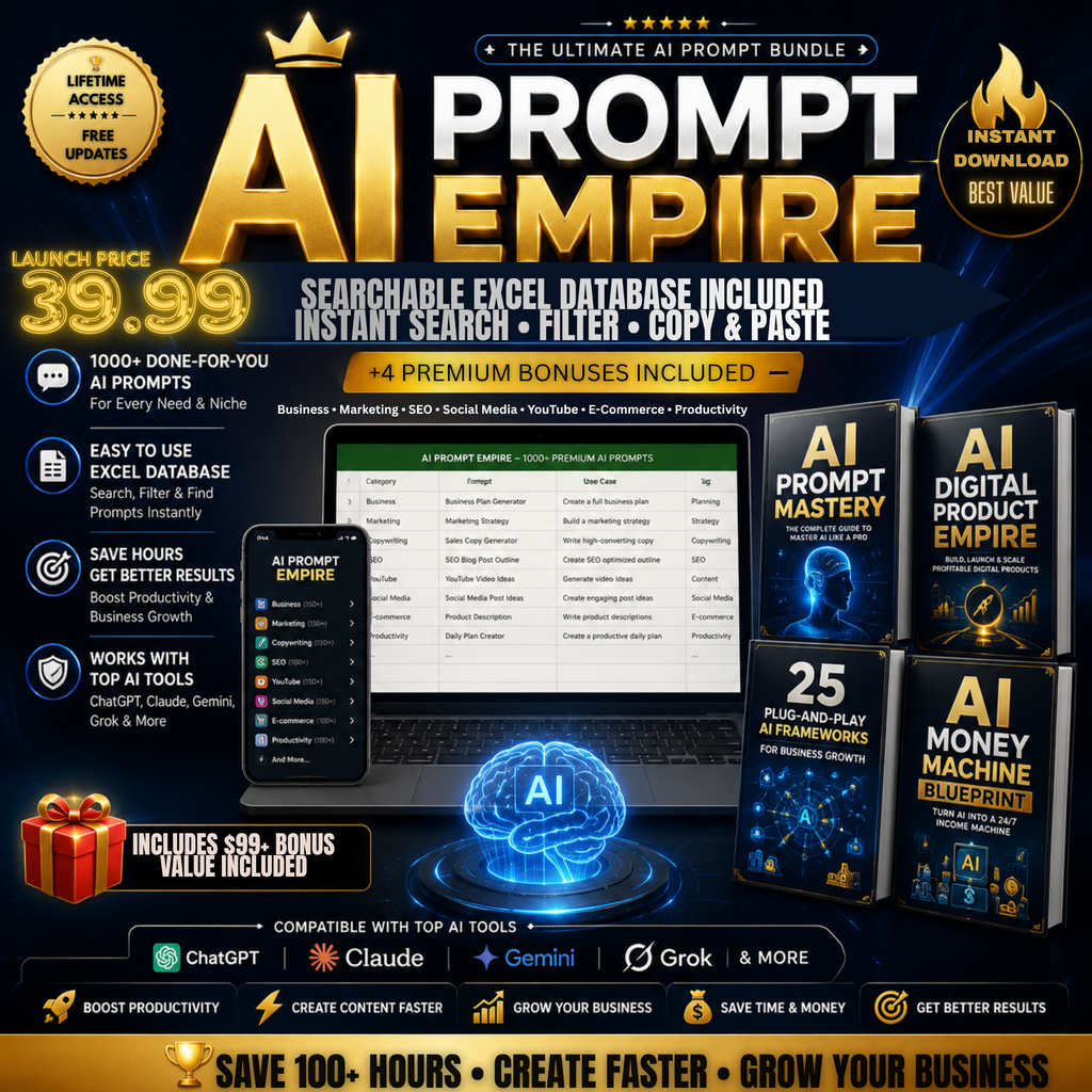 Promotional graphic for AI Prompt Empire with text and images of software products.