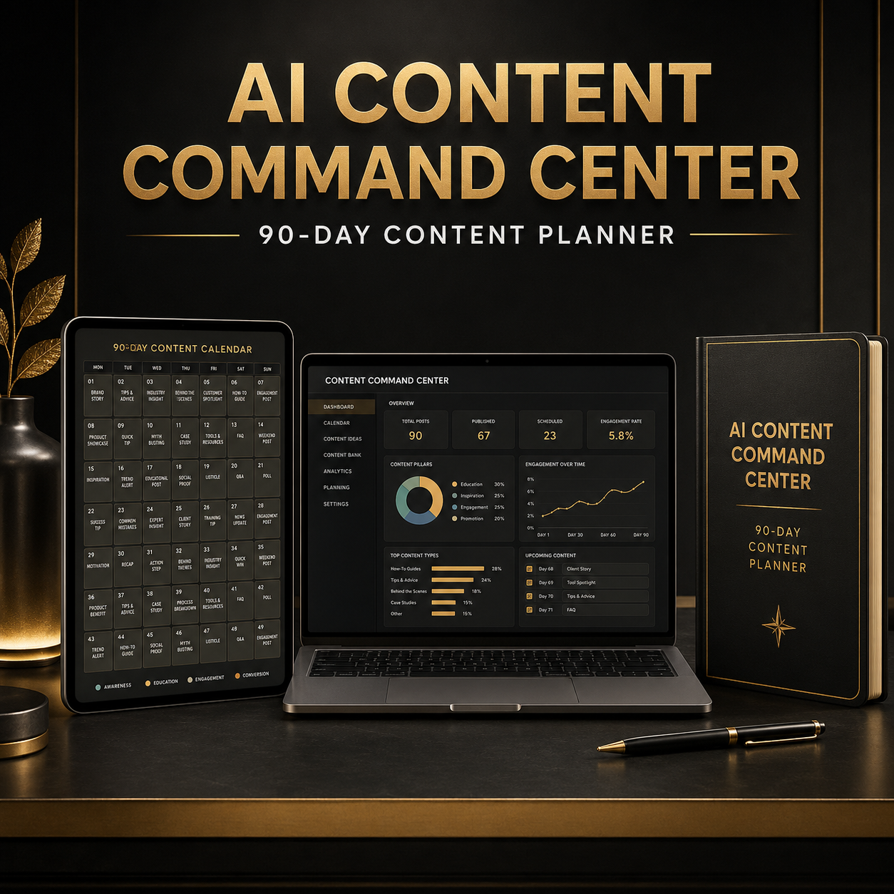 AI Content Command Center 90-Day Content Planner black and gold digital product mockup