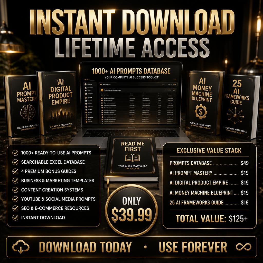Promotional graphic for AI resources with laptops, books, and text about lifetime access and value stack.