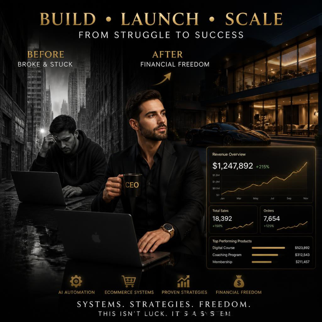 Man using a laptop with financial data on a dark street, transitioning to a luxurious interior.